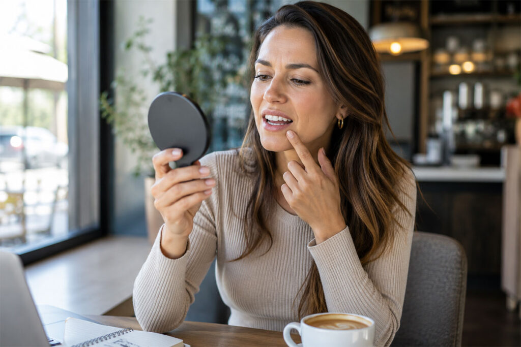 woman inspecting her smile in cafe professional teeth whitening what results can you expect featured
